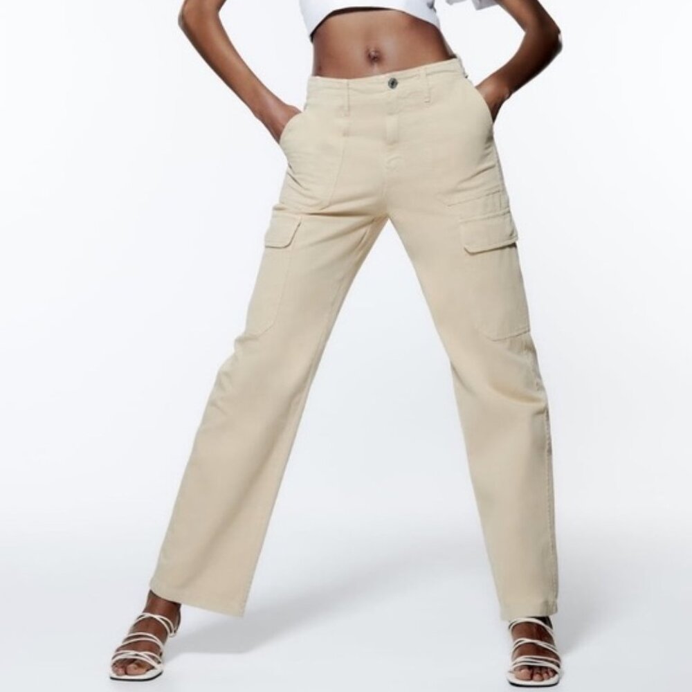 Zara Women's Straight Leg Tan Cargo Pants, Size 4
